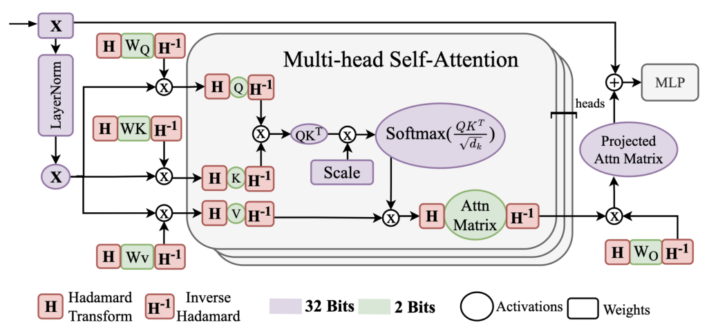 Архитектура слоя Swin Transformer, представленная на рисунке, использует квантование весов и активаций (обозначено зеленым цветом) в сочетании с операциями с плавающей точкой (фиолетовым цветом) и преобразованиями Адамара (красными блоками) для оптимизации вычислений.