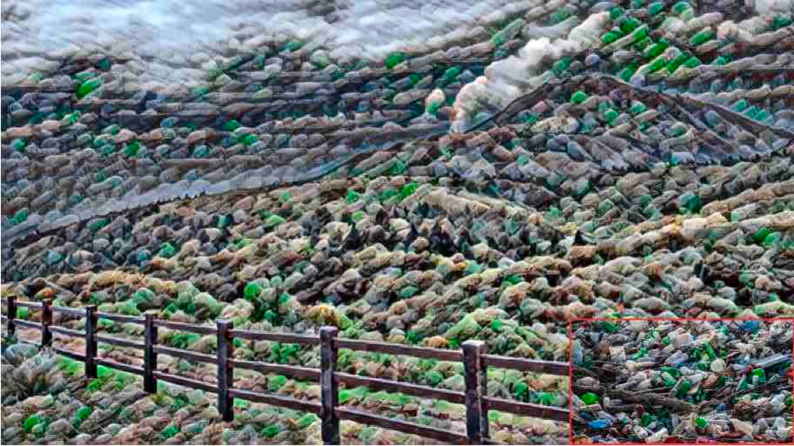 Система AnthropoCam, установленная на мобильной платформе, позволила получить изображение гор, дополненное визуализацией пластиковых отходов, демонстрируя возможность интеграции данных о загрязнении окружающей среды в пейзажные снимки.