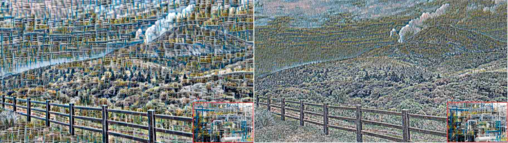 Изменение разрешения влияет на представление текстур: при низком разрешении текстуры упрощаются до геометрических блоков из-за больших рецептивных полей, в то время как при высоком разрешении сохраняются детали и повторяющиеся элементы, характерные для антропоцена.