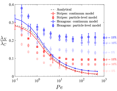 В пределе <span class="katex-eq" data-katex-display="false">d/\lambda_{C} \ll 1</span>, зависимость толщины ячеек узора <span class="katex-eq" data-katex-display="false">\lambda_N</span> от числа Пекле <span class="katex-eq" data-katex-display="false">Pe</span> демонстрирует соответствие между результатами континуальной модели и моделирования на уровне частиц для полосатых и гексагональных узоров, при этом континуальная модель не зависит от φ, в отличие от моделирования, где наблюдается заметная зависимость от этого параметра, подтвержденная дополнительными симуляциями с уменьшенным размером ячеек.