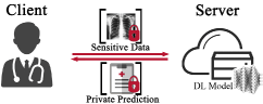 This diagram illustrates a privacy-preserving Machine Learning as a Service (MLaaS) system designed to protect user data during model training and inference.