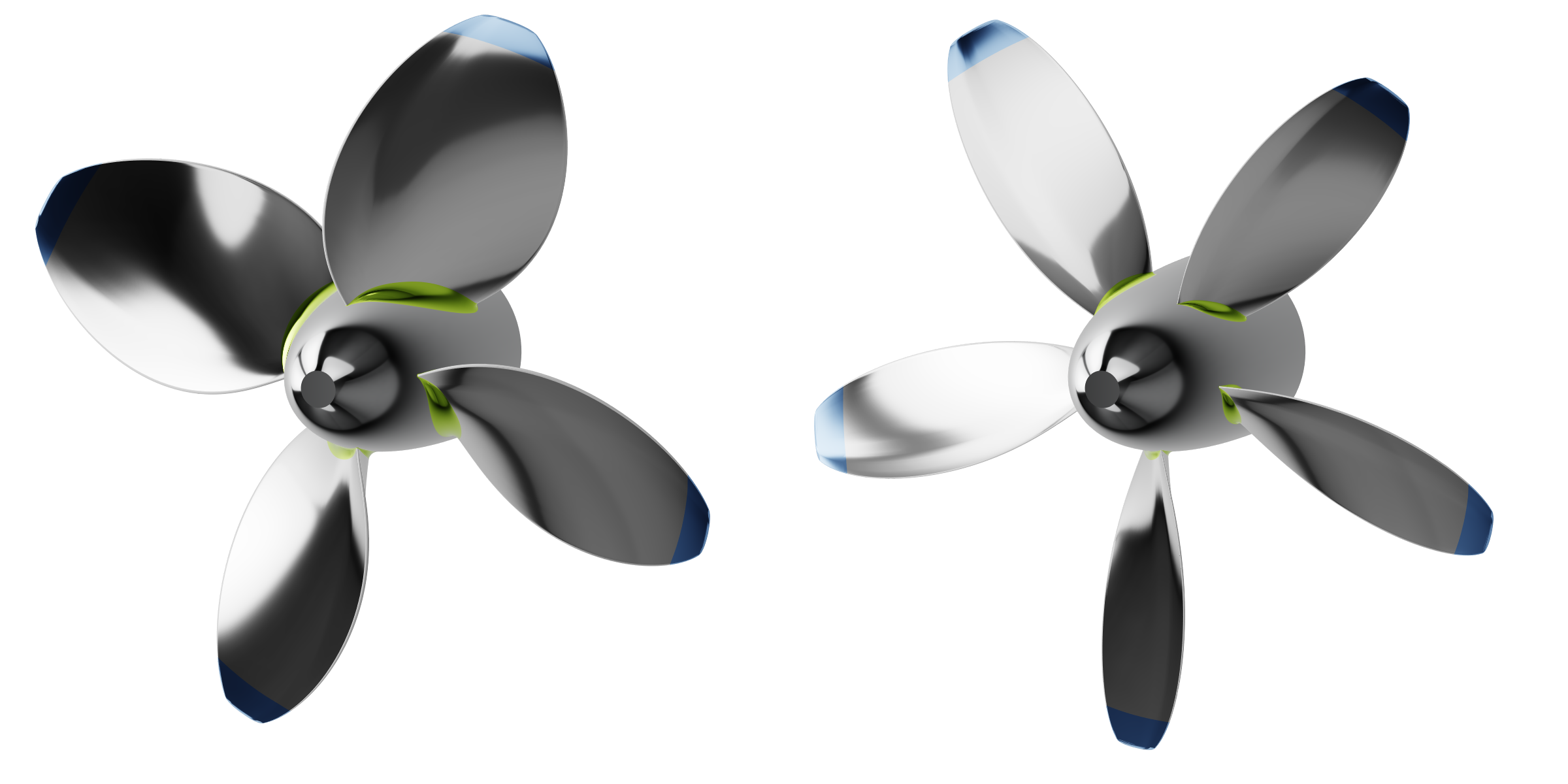 The computational fluid dynamics model generated two distinct propeller designs, demonstrating its capacity for diverse aerodynamic solutions.