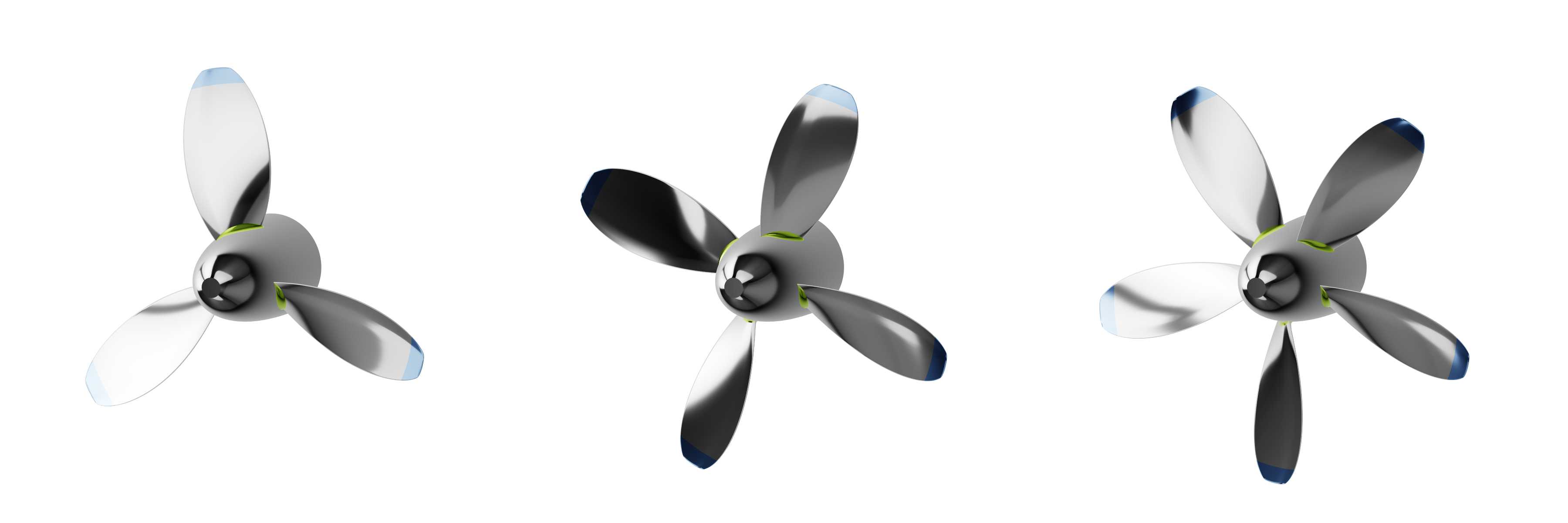 The CFM model successfully generated three distinct propeller designs [latex]\mathbf{p}_{i}^{\text{Gen}}[/latex] optimized for a target load of [latex]\mathbf{l}^{\text{Target}}=(0.8,1.0,0.1)[/latex].