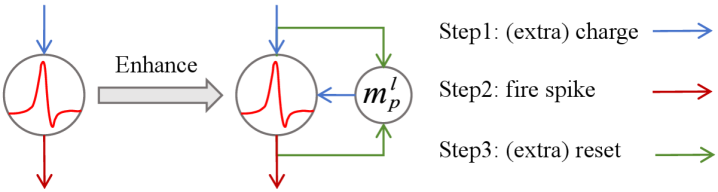 Нейрон, функционирующий в последовательности заряда, активации и сброса на каждом временном шаге, подвергся модификации для включения механизма самопрогнозирования, что позволило улучшить его эффективность и предсказуемость.