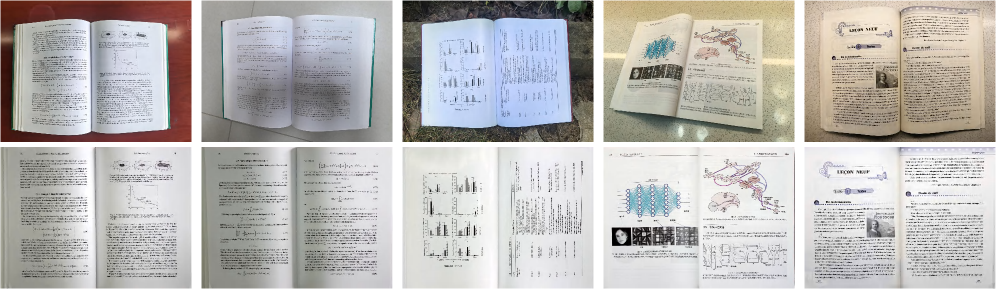 Набор данных Book100 содержит разнообразные изображения книг, полученные в различных условиях (деформация, освещение, угол обзора), и соответствующие высококачественные сканы, используемые в качестве эталонных данных для оценки алгоритмов обработки.