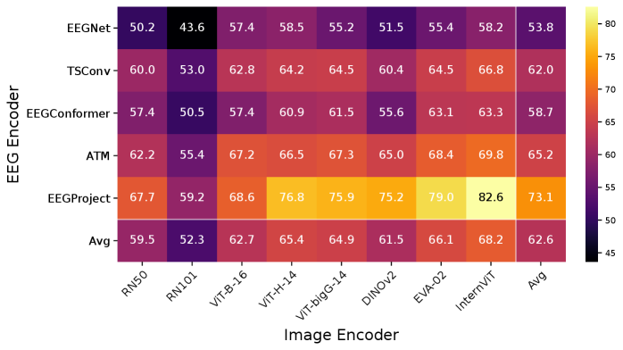 Результаты показывают, что различные архитектуры энкодеров демонстрируют различную точность Top-1 (%) при анализе данных THINGS-EEG.