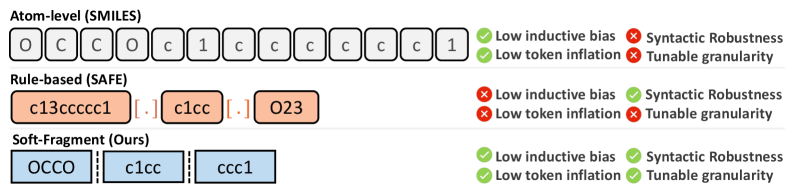 Unlike atom-level SMILES with minimal bias or rigid rule-based fragments, our soft-fragment approach effectively segments SMILES into tunable, fixed-length blocks, offering high robustness without relying on heuristic rules or additional tokens.