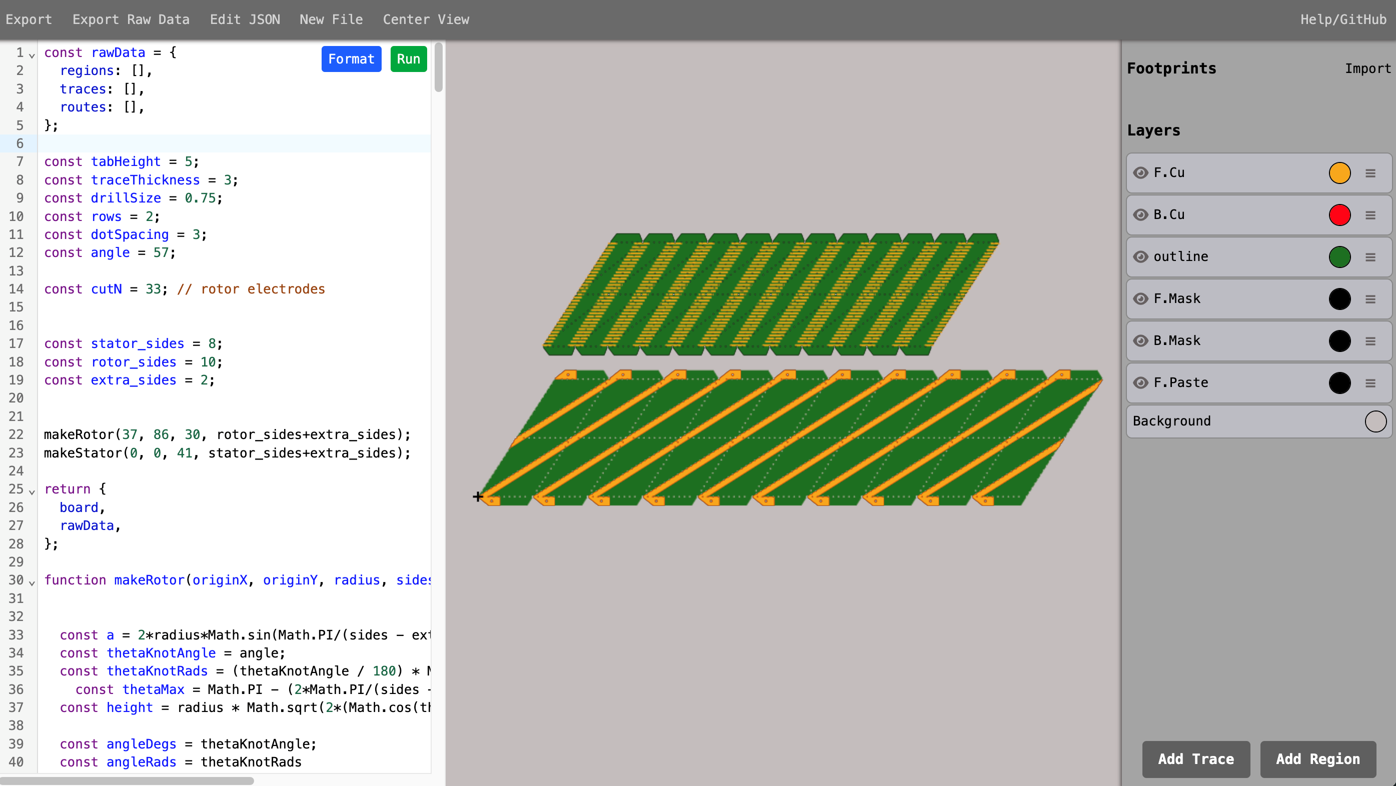 Flexible circuit boards for both the rotor and stator were designed using JSON-PCB, an open-source, script-based PCB design tool ideal for parametric designs.