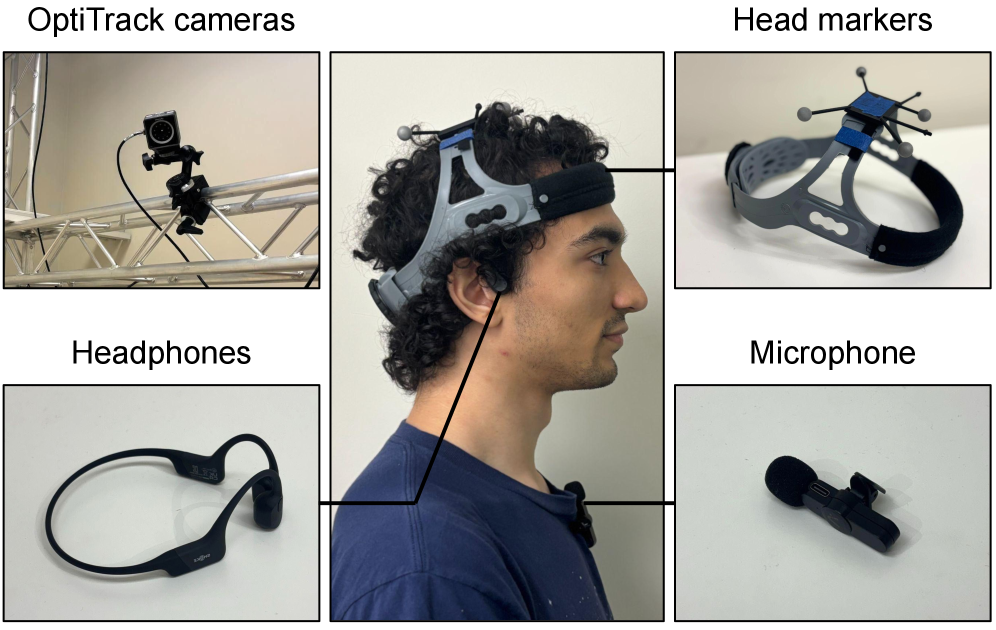 Для отслеживания движений головы участников исследования использовалась система из десяти камер OptiTrack, а взаимодействие с виртуальным собеседником осуществлялось через наушники с костной проводимостью Shokz OpenRun Pro и беспроводной микрофон Aisizon.