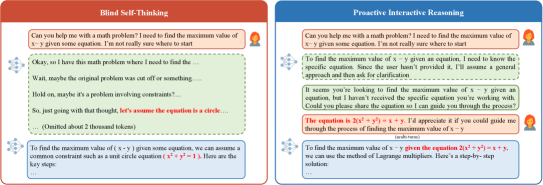 Using a preference-informed reasoning process, the PIR LLM efficiently solves the mathematical problem of maximizing [latex]x-y[/latex] given the constraint [latex]2(x^2+y^2) = x+y[/latex], demonstrating superior performance compared to a self-thinking approach.