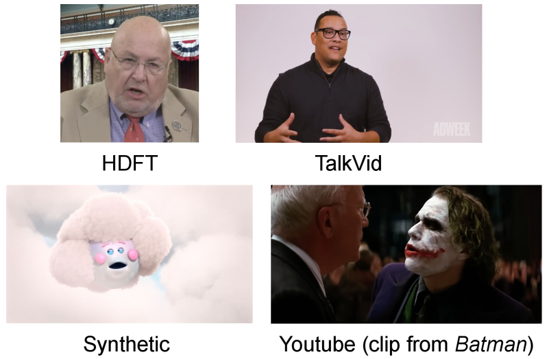 В отличие от существующих бенчмарков, таких как HDFT и TalkVid, характеризующихся преимущественно фронтальными изображениями лиц и чистым звуком, наша выборка включает профильные виды, значительные изменения позы, перекрытия и стилизованные изображения, что обеспечивает более реалистичные условия для тестирования.