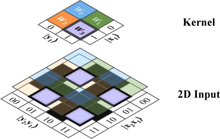 Квантово-сверточная операция с ядром <span class="katex-eq" data-katex-display="false">2 \times 2</span> использует состояния <span class="katex-eq" data-katex-display="false">\ket{x_{2}x_{1}y_{2}y_{1}}</span> для обозначения местоположения пикселей изображения <span class="katex-eq" data-katex-display="false">4 \times 4</span>, при этом состояние <span class="katex-eq" data-katex-display="false">\ket{x_{1}y_{1}}</span> позволяет идентифицировать пиксели, преобразуемые с использованием одних и тех же весов, как, например, в случае веса <span class="katex-eq" data-katex-display="false">W_{3}</span> и состояния <span class="katex-eq" data-katex-display="false">\ket{11}</span>.