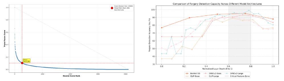 Анализ результатов отбора нейронов показал, что определение точки перегиба на графике распределения оценок позволяет эффективно выявлять подделки, при этом точность обнаружения зависит от архитектуры модели и глубины слоев.