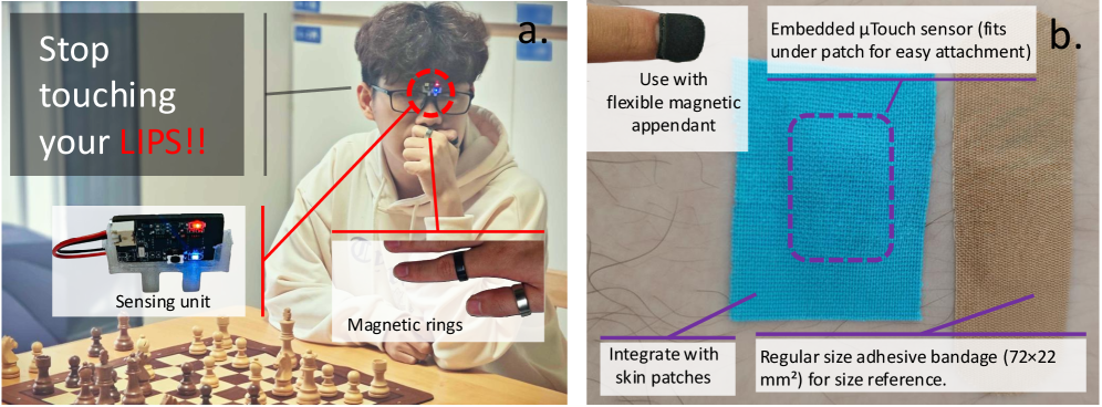 Разработана система <span class="katex-eq" data-katex-display="false">\mu\mu Touch</span>, использующая единую магнитную систему сенсоров для точного и конфиденциального выявления самопроизвольных прикосновений к лицу, направленных на предотвращение распространения инфекций, и мониторинга расчесываний тела, способствуя оценке состояния кожи и выявлению дерматологических проблем.