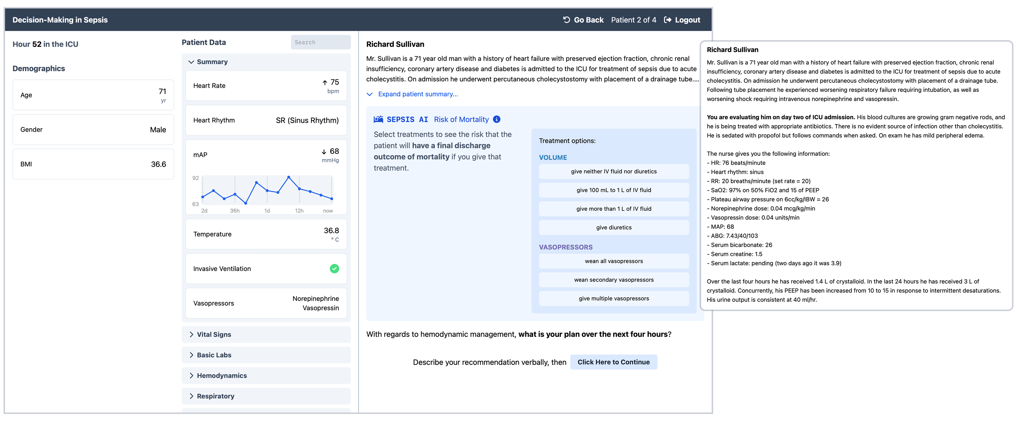 Study 2 presented participants with an interface-highlighted by the blue 'Sepsis AI' box-displaying AI-driven reasoning cues for patient cases.