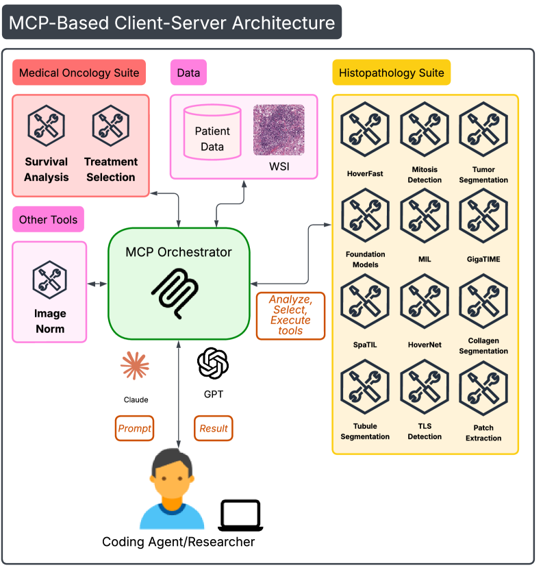 The MCP-based Tool Orchestration Subsystem unifies access to clinical and computational tools for oncology and histopathology by intelligently analyzing prompts, selecting capabilities, and executing them on shared data and whole-slide images.