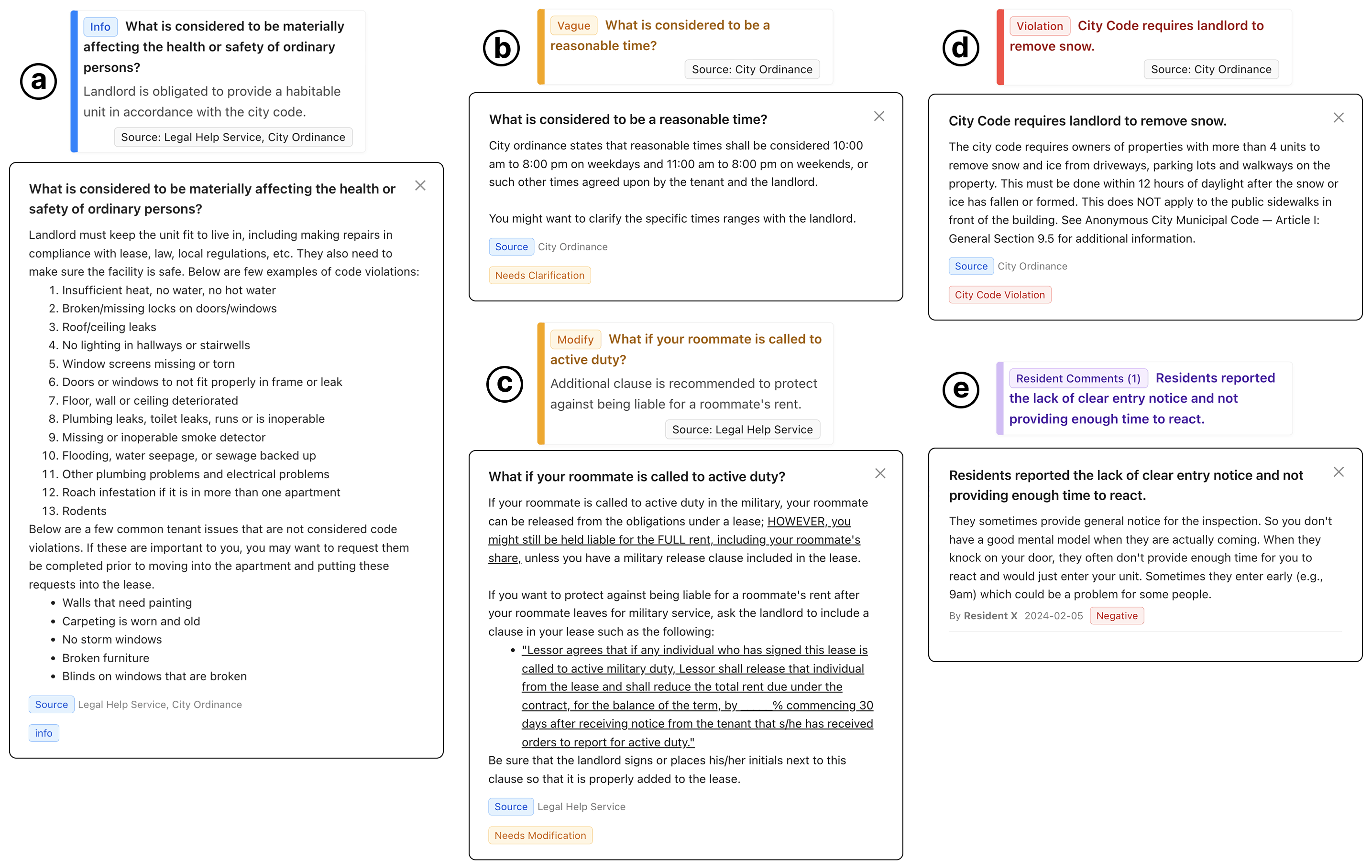 В LeaseRead информация о юридических аспектах, требующая внимания, выделяется с помощью цветовых карт: синие поясняют местные законы, жёлтые - требуют уточнения или изменения, красные - указывают на потенциально незаконные пункты, а фиолетовые - содержат социальные комментарии.