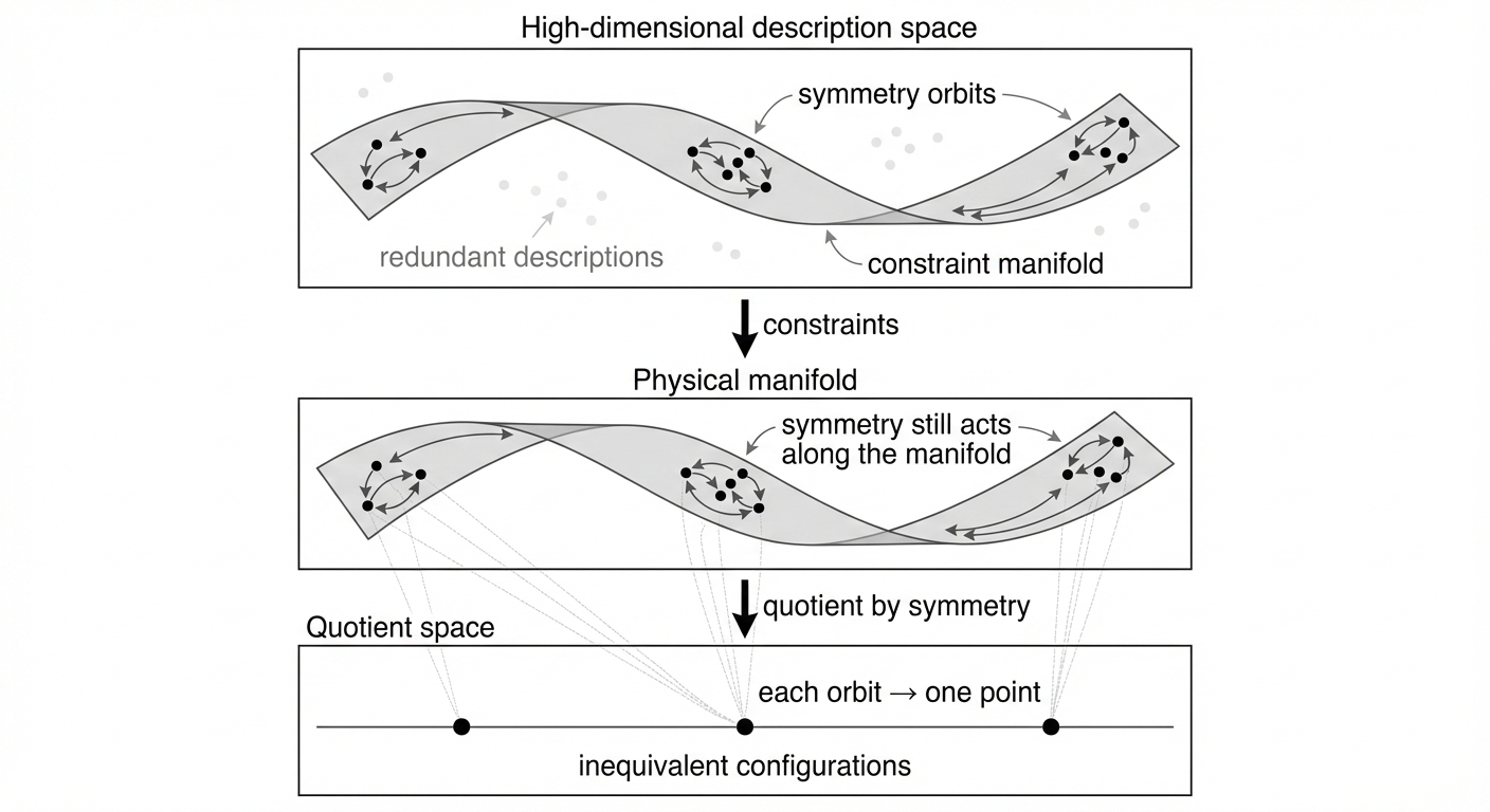 Symmetry reduces the dimensionality of physically possible configurations by identifying equivalent states and further restricting the data to physically inequivalent degrees of freedom, effectively distilling information from a high-dimensional space.