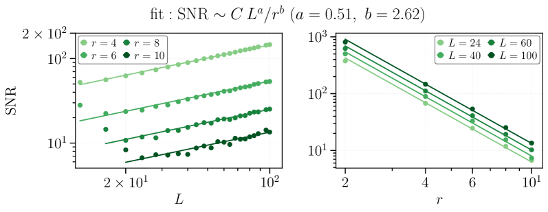 Analysis of the signal-to-noise ratio <span class="katex-eq" data-katex-display="false">\mathrm{SNR}</span> for power-law decaying correlators in the random antiferromagnetic Heisenberg chain, computed using strong-disorder renormalization group with a large number of disorder realizations, reveals its dependence on both system size <span class="katex-eq" data-katex-display="false">L</span> and separation distance <span class="katex-eq" data-katex-display="false">r</span> over the ranges <span class="katex-eq" data-katex-display="false">20 \\leq L \\leq 100</span> and <span class="katex-eq" data-katex-display="false">3 \\leq r \\leq 40</span>, with a minimum threshold of <span class="katex-eq" data-katex-display="false">\mathrm{SNR} \\geq 5</span>.
