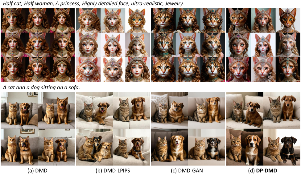 В ходе сравнительного анализа методов повышения разнообразия генерируемых изображений было установлено, что подходы, основанные на перцептивных метриках и генеративно-состязательных сетях, демонстрируют ограниченный или нестабильный эффект, часто приводя к ухудшению качества, в то время как предложенный метод DP-DMD обеспечивает сохранение высокого уровня разнообразия при поддержании визуальной четкости, что свидетельствует о более выгодном балансе между этими характеристиками.