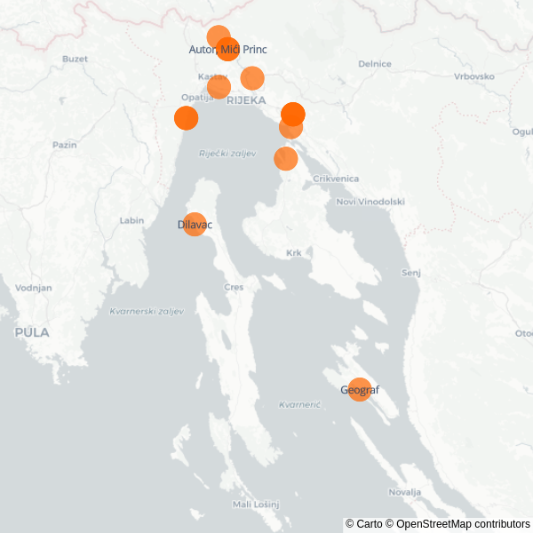 A map of the northern Adriatic Sea in grayscale, with orange circles showing locations of various voice actors. Orange circle labelled Dilavac is situated on the northern side of the Cres island, Geograf is placed situated in the centre of the island of Krk, and a dual marker for Autor and Mići Princ is placed on the continent, between Rijeka and the border with Slovenia.