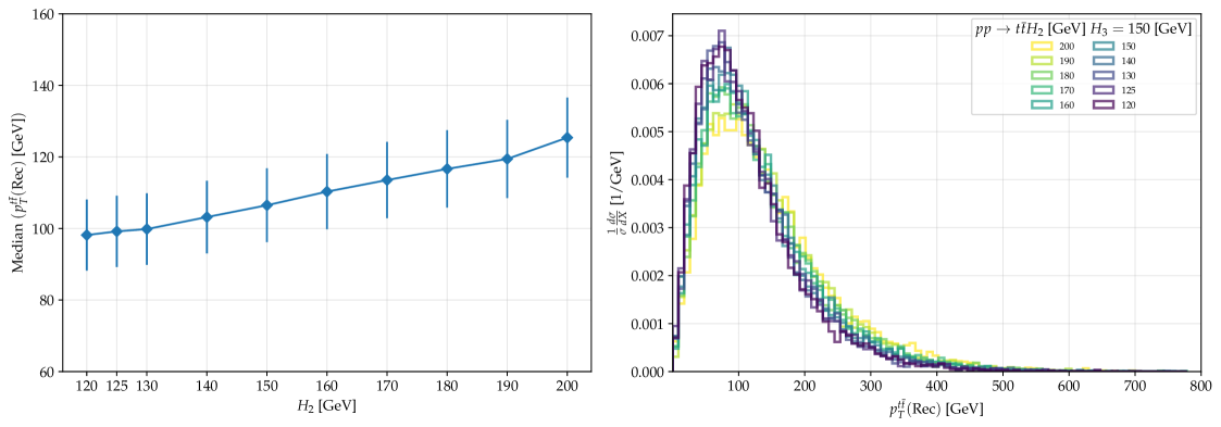 The sensitivity of top-pair kinematic observables, such as the <span class="katex-eq" data-katex-display="false">m_{t\bar{t}}</span> and <span class="katex-eq" data-katex-display="false">p_{T}^{t\bar{t}}</span> distributions, to the mass of an extra CP-even Higgs boson (<span class="katex-eq" data-katex-display="false">m_{H_{2}}</span>) demonstrates a clear dependence on the mass gap between the two Higgs bosons (<span class="katex-eq" data-katex-display="false">|m_{H_{2}}-m_{H_{3}}|</span>).
