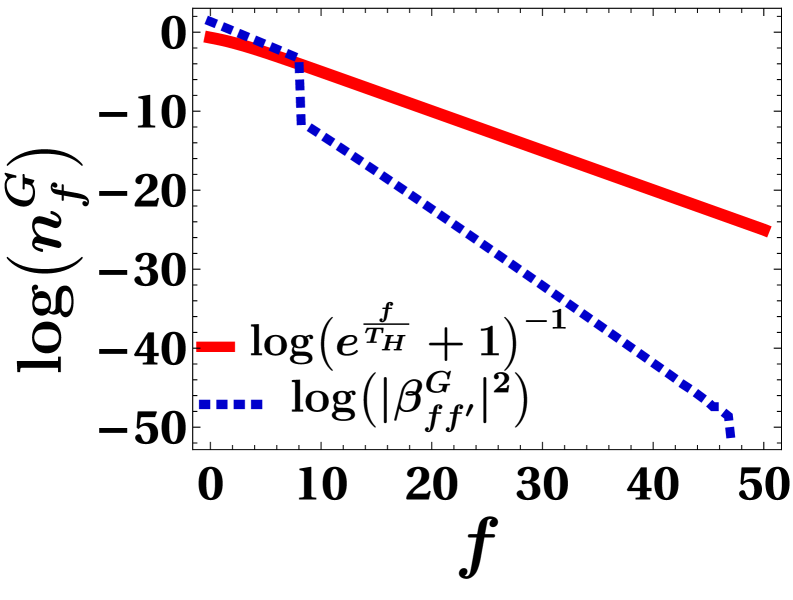 The ratio of outgoing to incoming frequency amplitudes <span class="katex-eq" data-katex-display="false"> \log(|\alpha_{ff^{\prime}}^{G}|/|\beta_{ff^{\prime}}^{G}|) </span> varies with outgoing frequency for different incoming frequencies, while the particle number spectrum <span class="katex-eq" data-katex-display="false"> n_{f}^{G} </span> closely matches thermal predictions when measured with a localized Gaussian wave-packet probe.
