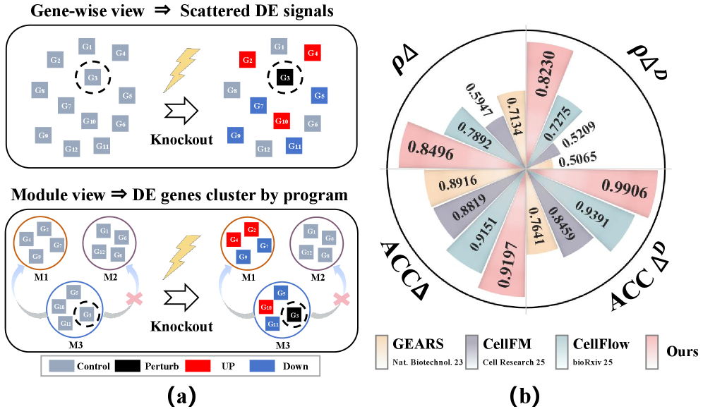 Perturbation responses are dissected through both gene-specific analysis and a modular lens, revealing how alterations-indicated by black-trigger upregulation (red) or downregulation (blue); quantitative comparison on the Norman additive split demonstrates the method’s efficacy against existing state-of-the-art approaches.