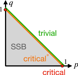 The phase diagram reveals two distinct critical regimes: a standard critical behavior with an exponent of <span class="katex-eq" data-katex-display="false">
u=2</span> for non-zero momentum transfer <span class="katex-eq" data-katex-display="false">p, q</span>, and an unusual critical behavior with <span class="katex-eq" data-katex-display="false">
u=1</span> along the <span class="katex-eq" data-katex-display="false">q=0</span> line, which corresponds to the system studied in this work.
