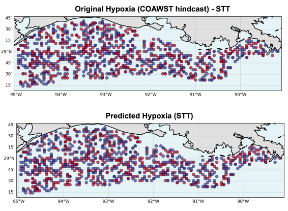 A comparison of COAWST hindcast data with ST-Transformer predictions using 1000 random points from Summer 2022 demonstrates the model's ability to accurately reproduce established oceanographic simulations.