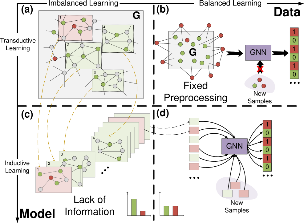 Our dynamic ego-graph augmentation framework addresses label imbalance and enhances model adaptability during training by adaptively generating samples, overcoming the limitations of traditional transductive and fixed-augmentation approaches.