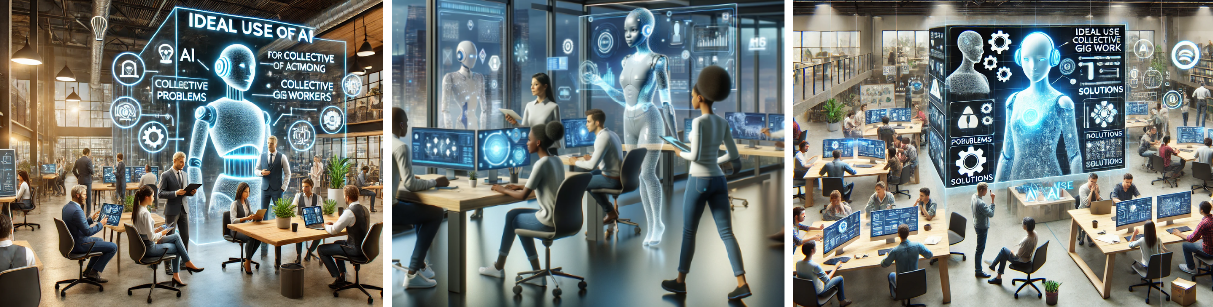 DALL-E visualizations from three co-design groups reveal diverse conceptions of collaborative AI, ranging from holographic assistants and transparent background support to informational resources for co-working environments.