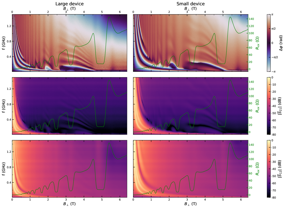 На высоких магнитных полях и низкой частоте наблюдается, что транспортные характеристики <span class="katex-eq" data-katex-display="false">R_{xx}</span> больших и малых устройств демонстрируют схожее поведение, подтверждаемое данными с другого чипа (зеленый цвет) при заполнителе <span class="katex-eq" data-katex-display="false">
u=2</span>.