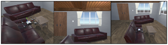 The simulated drone utilizes front and rear RGB cameras, with its orientation defined by a coordinate system where red, green, and blue arrows represent the X, Y, and Z axes, respectively.