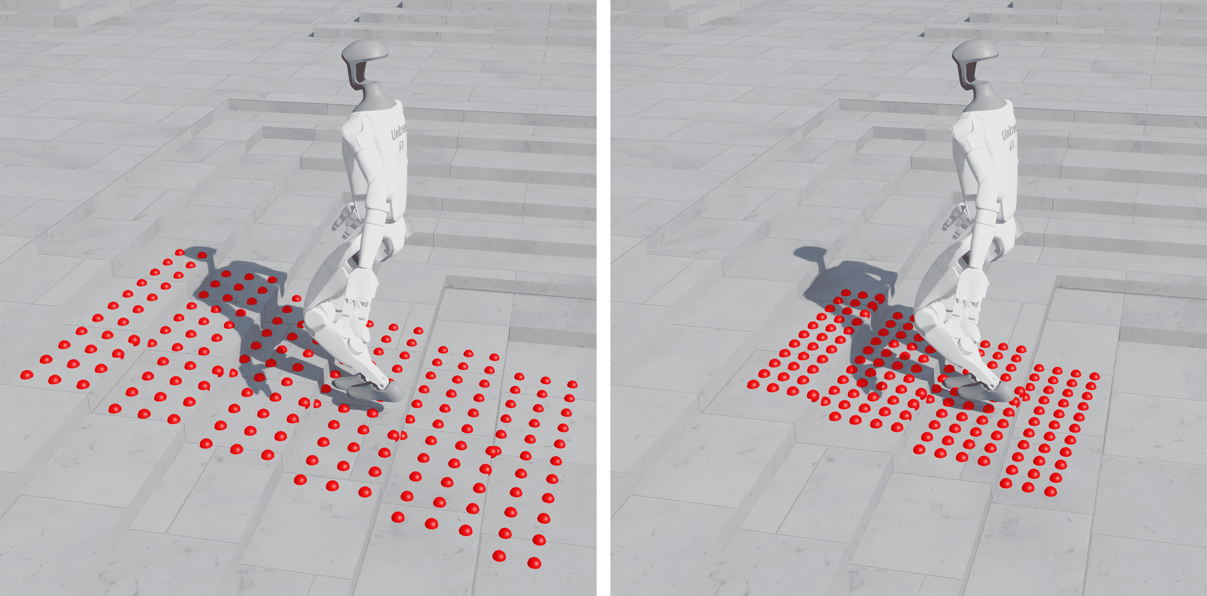 Optimization of heightmap parameters-including point distance, resolution, and robot-relative positioning-was performed to evaluate different configurations.