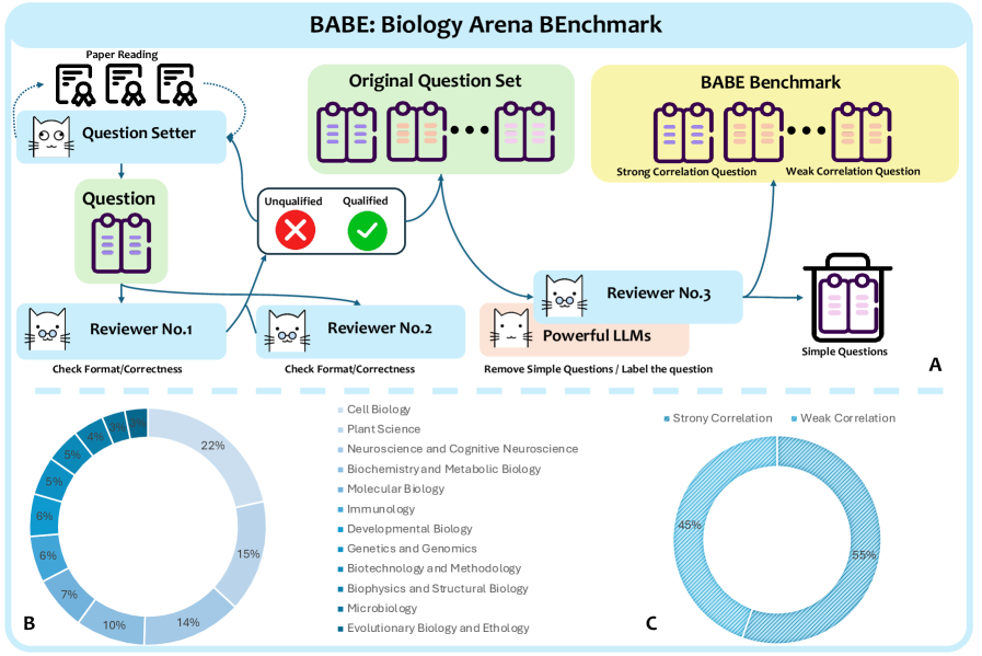 The Biology Arena Benchmark (BABE) was constructed through a multi-stage annotation pipeline to yield a diverse question set spanning twelve biological subfields, deliberately balanced with questions exhibiting both strong (45%) and weak (55%) correlations to existing knowledge, thereby establishing a challenging assessment of biological reasoning capabilities.