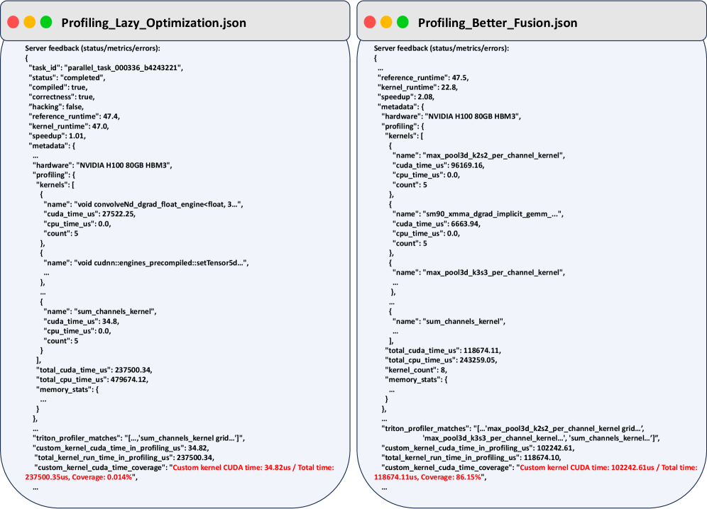 Оптимизация с улучшенным слиянием позволяет сгенерировать более эффективные ядра, увеличивая долю времени выполнения CUDA до 86.15% <span class="katex-eq" data-katex-display="false"> (P_R = 0.8615) </span>, в то время как тривиальная оптимизация с заменой суммирования дает незначительный прирост в 0.014% <span class="katex-eq" data-katex-display="false"> (P_R = 0.00014) </span>.