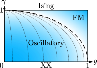 The phase diagram of the quantum XY model, characterized by an external field <span class="katex-eq" data-katex-display="false">gg</span>, reveals a critical line at <span class="katex-eq" data-katex-display="false">g=1</span> separating ferromagnetic and disordered phases, with additional dashed lines delineating oscillatory gap regions and the transition to a gapless <span class="katex-eq" data-katex-display="false">XXXX</span> limit as γ varies from 1 (Ising limit) to 0.