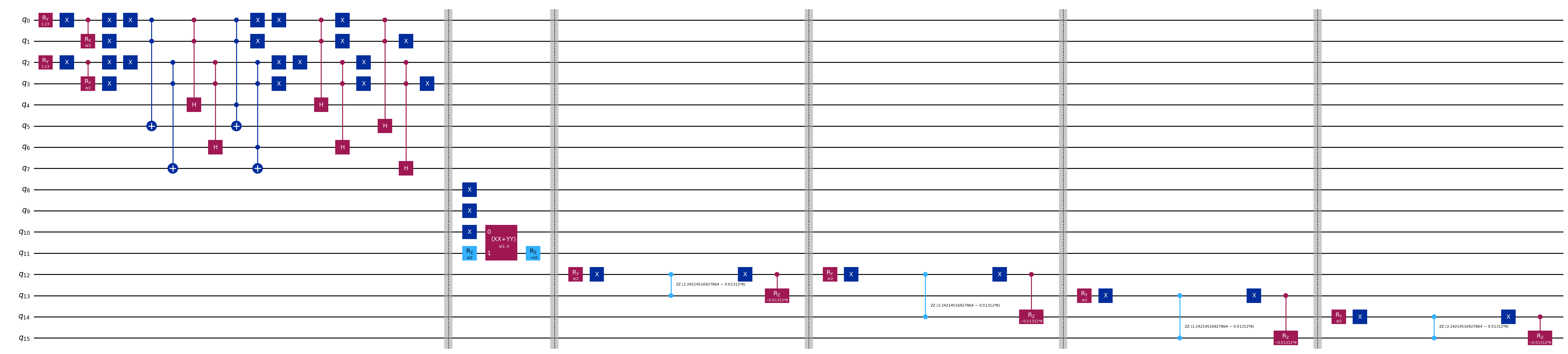 This 16-qubit quantum circuit constructs a double-bottom tetraquark in the MM configuration by first enforcing color singlet-singlet projection, then projecting to spin <span class="katex-eq" data-katex-display="false">S=0</span>, and finally assigning spatial projection.