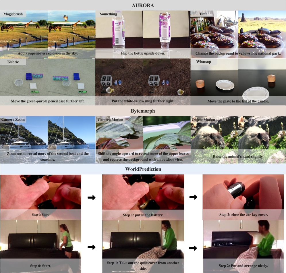 Модель SWIRL демонстрирует качественные результаты на тестовых наборах Aurora-Bench, ByteMorph и WorldPredictionBench, предоставляя примеры сгенерированных данных для каждого из них.