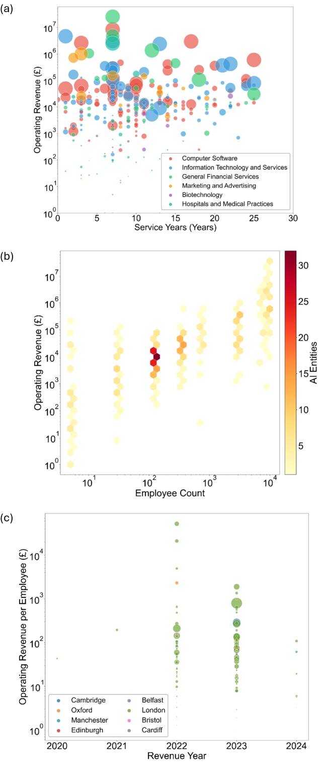 Analysis reveals a correlation between AI entity revenue and firm characteristics-including operational history and employee count-as well as a yearly trend of revenue per employee across key UK cities.