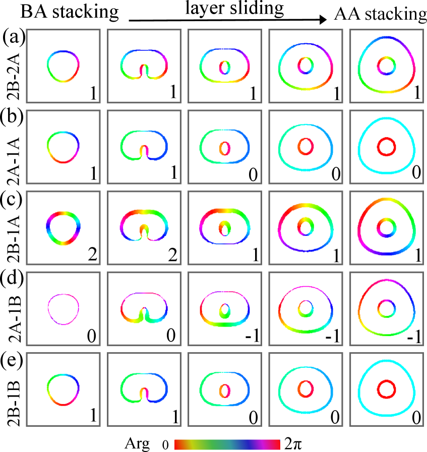 The evolution of pseudospin textures <span class="katex-eq" data-katex-display="false">\mathbf{s}_{l^{\prime}\sigma^{\prime},l\sigma}</span> along a constant-energy contour reveals that pseudospin winding remains consistent within a single layer but changes between layers, as indicated by variations in magnitude and phase encoded by line thickness and color.