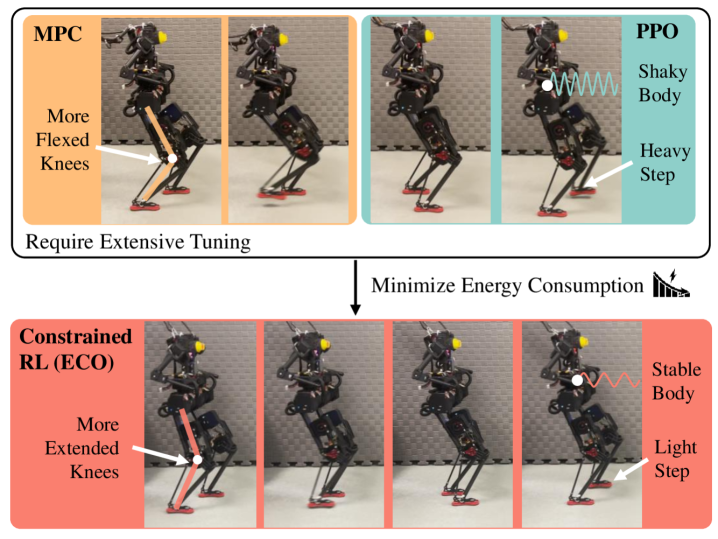 The constrained reinforcement learning framework fosters a synergistic relationship between energy efficiency and locomotor stability in humanoid robots, achieving superior performance to both model predictive control and conventional reinforcement learning approaches-and does so without laborious parameter tuning, suggesting a path toward more robust and adaptable robotic systems.