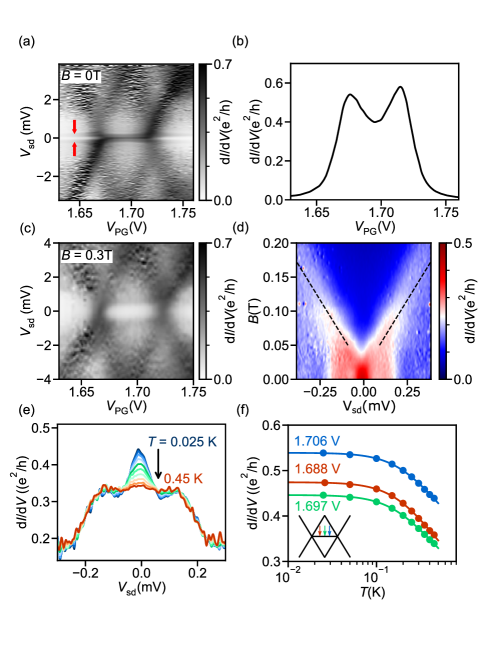 Анализ стабильности заряда при нулевом и приложенном магнитном поле, а также температурной зависимости кондукции, подтверждает эффект Кондо спина-1/2 и позволяет определить эффективный g-фактор и температуры Кондо <span class="katex-eq" data-katex-display="false">T_K</span> в диапазоне 0.94-1.06 K для различных напряжений на затворном электроде.
