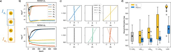 Analysis of latent neuron behavior reveals that variance [latex]\sigma_i[/latex] and mean [latex]\mu_i[/latex] evolve during training and correlate with hidden factors [latex]c_i[/latex], with the mutual information gap demonstrating the importance of a specific subset of factors [latex]c_2[/latex] for representation learning.