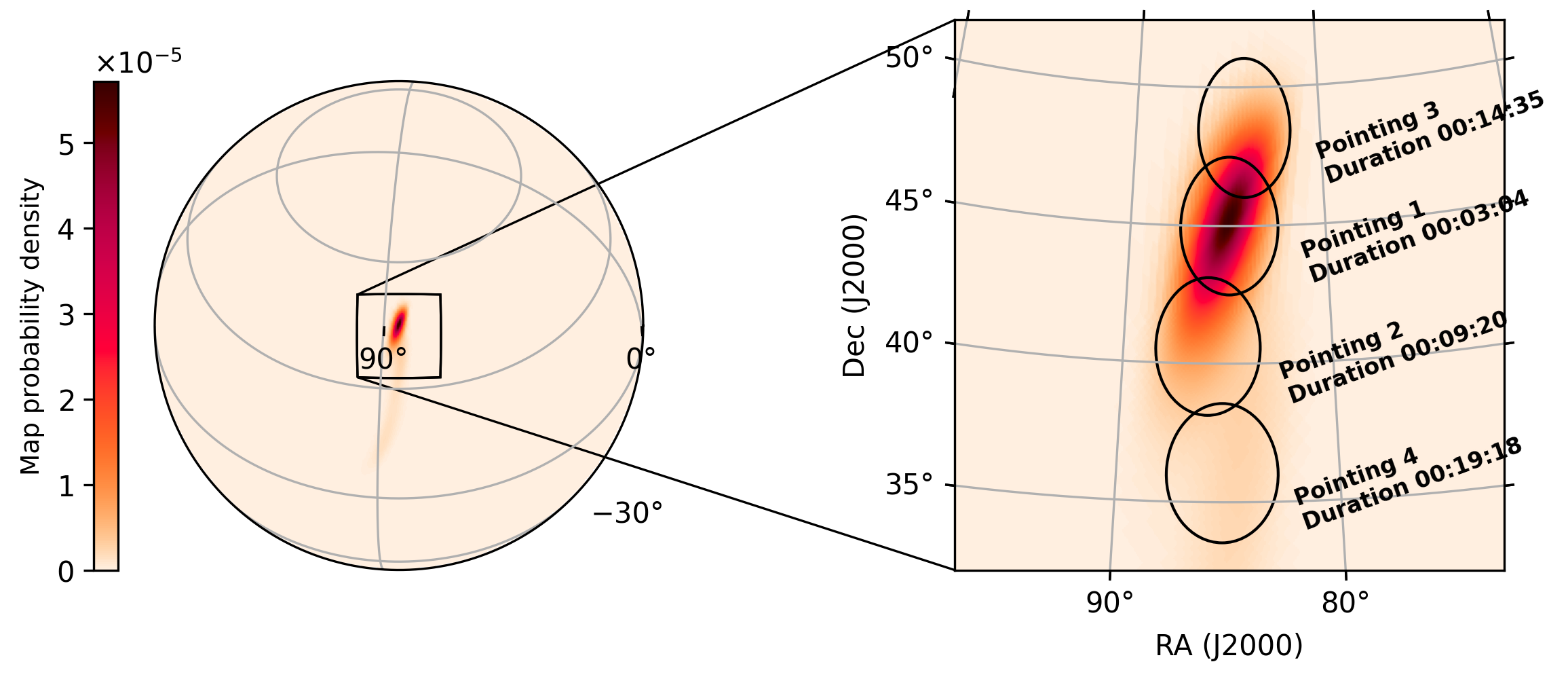 A follow-up coverage map for an example GW event (S250704ab). The ordering of pointings is calculated by tilepy and the optimal observing time at each pointing by sensipy.