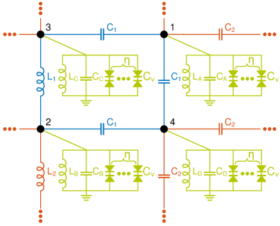 Схема NQTI, реализованная в решетке цепей, представлена на рисунке, при этом для наглядности показана только элементарная ячейка.
