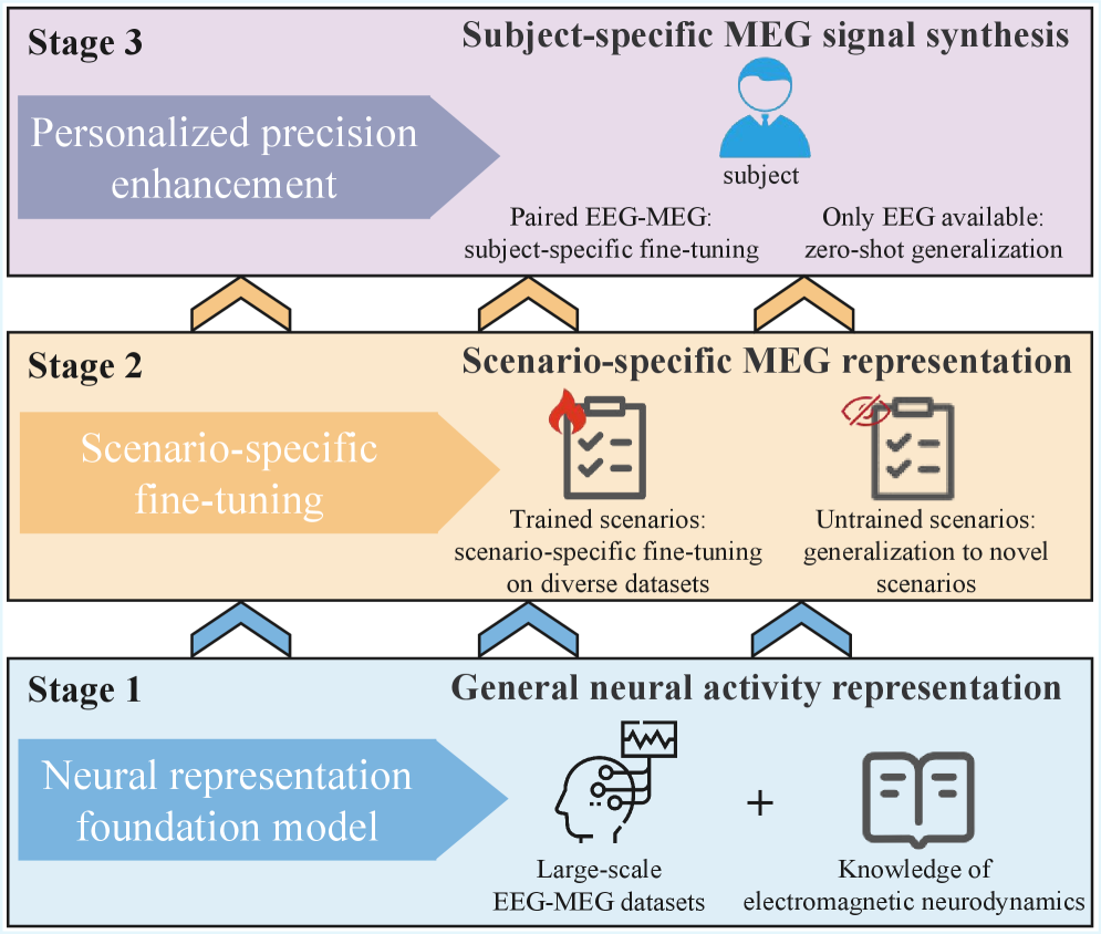 Предлагаемый трехступенчатый подход позволяет создавать персонализированные модели на основе масштабных данных и электромагнитной нейродинамики, обеспечивая надежные МЭГ-представления и обобщение на новые сценарии, включая возможность калибровки под конкретного пациента или мгновенной адаптации к неизвестным условиям.