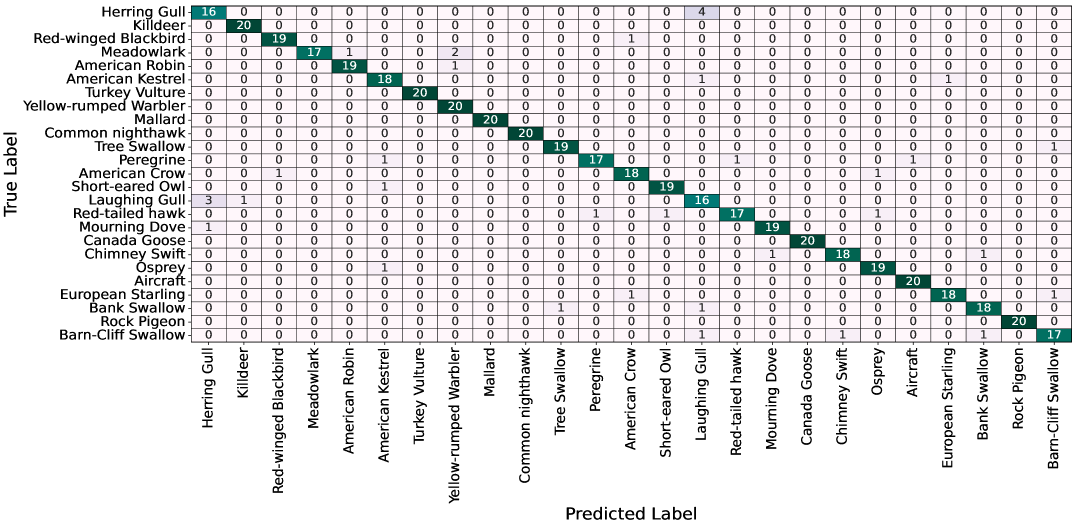 A convolutional neural network, designated classifier 6, demonstrates its capacity to differentiate between bird species and aircraft through the patterns revealed in its confusion matrix.