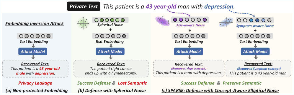 В исследовании продемонстрировано, что уязвимость текстовых представлений к атакам, направленным на извлечение конфиденциальной информации, может быть смягчена за счет применения эллиптического шума, который, в отличие от сферического, позволяет избирательно усиливать возмущения в критически важных для приватности измерениях, одновременно сохраняя семантическую целостность текста, что подтверждено практическим примером, представленным в Приложении J.